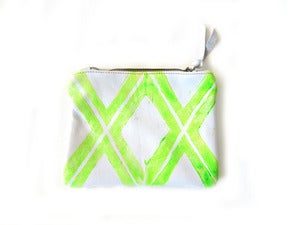Image of Small neon yellow green Xs hand-printed leather pouch