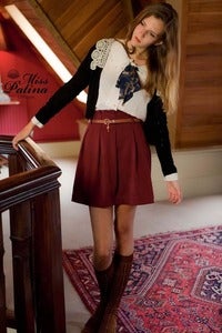 Image of Miss Patina Key Buckle Belt Pleated Skirt (Maroon)