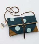 Image of S O L D -- foldover crossbody bag in muted teal wool with hand cut aqua leather dots