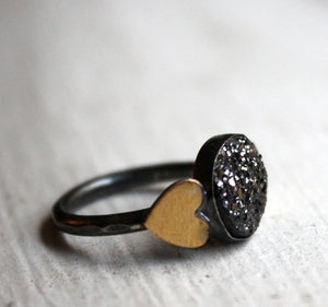 Image of Black Drusy with Brass Hearts