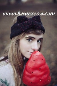 Image of Knitted Bow Headband Oversized Bow Cute Cosy Kawaii Lolita Ear Warmer in Glitter Black and Red