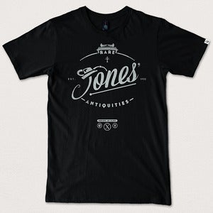 Image of “Jones' Rare Antiquities” - Black tee silver print