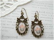 Image of Antique Brass Floral Framed Earrings with Owl and Floral House Picture 