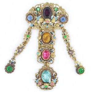 Image of Vintage Art Deco Czech Girandole Filigree Floral Paste Glass Gilt Ornate Drop Pin Brooch