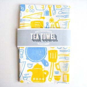 Image of Organic Cotton Tea Towel - Yellow & Blue Kitchen