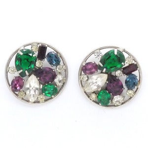 Image of Vintage Oversized 1970s Clip On Rainbow Paste Glass Earrings