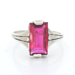 Image of Vintage Dutch Art Deco Silver Red Pink Glass Cocktail Ring