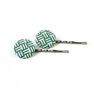 Image of Dark Green & White Weave Button Hair Pins