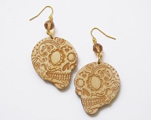 Image of  Wood Sugar Skull Dia de los Muertos Earrings