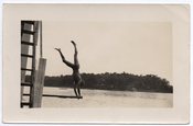 Image of BATHING SUIT MAN HANDSTAND ON DIVING BOARD VINTAGE SNAPSHOT PHOTO