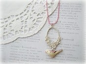 Image of Pink Necklace with Cream Oval Floral and Cream and Pink Bird Necklace
