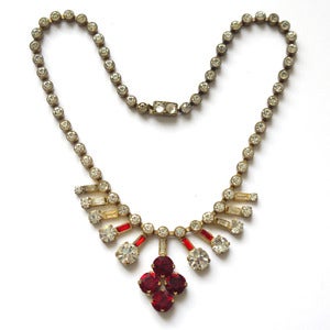 Image of Vintage Edwardian Red & White Glass Paste Floral Brass Metal Necklace