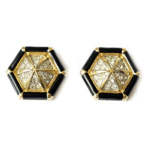 Image of Vintage Nina Ricci Spider Web Black Enamel Diamante Rhinestone Clip On Earrings