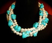 Image of N1204 Four strands of white glass pearls with turquoise nuggets