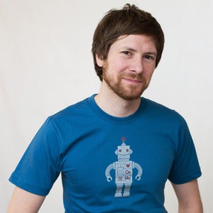 Image of Silver on Blue Sparkle Robot Short Sleeve Organic Adult Tee