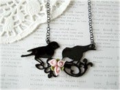 Image of Large Black Enamel Birds with Pink Flower Necklace
