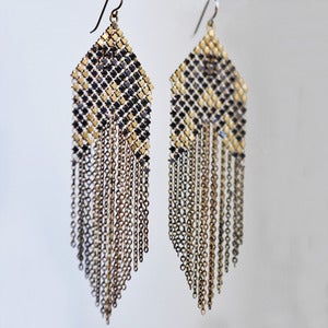 Large Fringed Banner Earrings - Black + Gold
