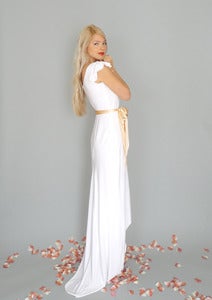 Image of Marguerite: White boho sheath gown with high low hemline...