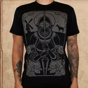 Image of Don Quixote - 50/50 black - discharge ink - unisex