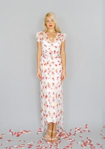 Image of Simone: Floral white lace boho wrap gown with flutter sleeves...