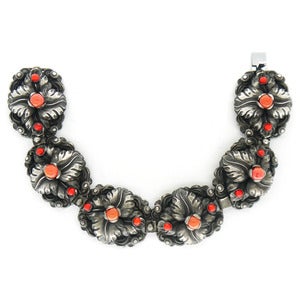 Image of Vintage Art Deco Silver Coral Floral Leaf Ornate Bracelet