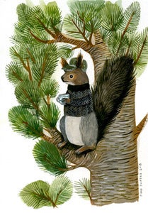 Image of Siberian Squirrel and Cup of Tea - Original Watercolor Painting