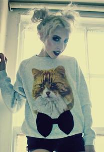 Image of Ginger Cat Print Black Velvet Bow Jumper
