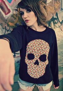 Image of Applique Daisy Print Floral Skull Black Jumper