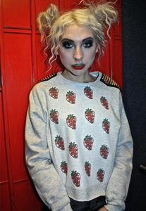 Image of Strawberry Fruit Print Gold Shoulder Stud Grey Jumper