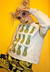 Image of Pineapple Fruit Print Gold Shoulder Stud Grey Jumper