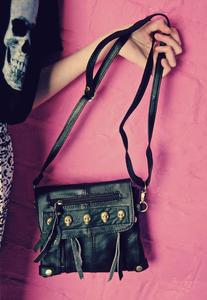 Image of Skull Stud Real Leather Black Tassel Bag