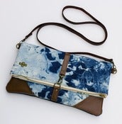 Image of - S O L D - hand bleached denim foldover bag with removable leather strap (a)