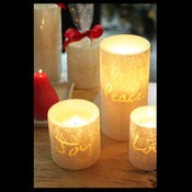 Image of Vance Kitira - Pearl Luminary - 'Peace',  'Love',  'Joy' Pillar Candles