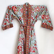 Image of Anokhi Half Length Cotton Robe Aqua, Red and Green