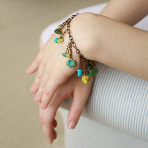 Image of Lime Green & Bonfire Sea Glass Bracelet with Turquoise & Aquamarine