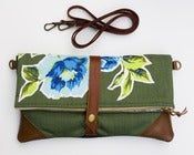 Image of forest green foldover with vintage floral appliques
