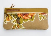 Image of -S O L D- a double zip clutch in nutmeg with vintage floral appliques (a)