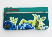 Image of -S O L D- a double zip clutch in deep teal with vintage floral appliques (d)