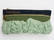 Image of a tough ruffles double zip clutch in forest + wintergreen
