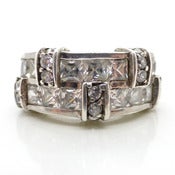 Image of Vintage Art Deco Style Silver Stacked Modernist Rhinestone Cocktail Ring