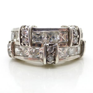 Image of Vintage Art Deco Style Silver Stacked Modernist Rhinestone Cocktail Ring
