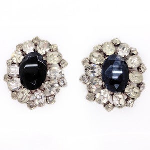 Image of Vintage Large Rhinestone Paste Floral Glass Black & White Clip On Earrings