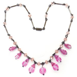 Image of Vintage Art Deco Czech Pink Floral Drop Faceted Satin Glass Bead Necklace