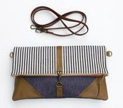 Image of - S O L D - foldover bag in vintage denim + conductor stripe