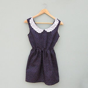 Image of Vintage Polka Dress with White Lace Collar and Back 