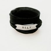 Image of Gay Rights Bracelet for The Ally Coalition - Silk & Metal Hand-Stamped Wrap Bracelet - Black