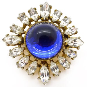 Image of Vintage Blue Glass Ornate Star burst Paste Rhinestone Gilt Pin Brooch