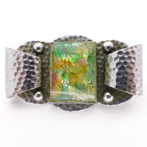Image of Vintage Art Deco Modernist Silver Metal Green Opalescent Glass Bow Pin Brooch