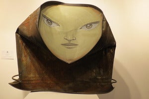 Image of "Pass me by. I'll be fine." mixed media on crushed rusted dust-bin by Mydogsighs