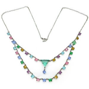 Image of Vintage Art Deco Double Row Open Back Rainbow Glass Drop Chain Necklace